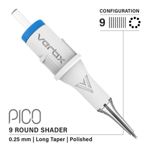 Vertix Pico Cartridges 0.25mm 9 Round Shader Long Taper Needle - 20pcs