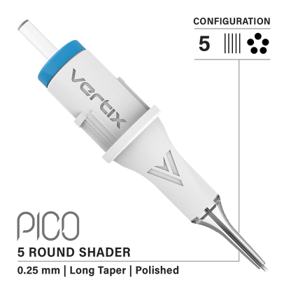 Vertix Pico Cartridges 0.25mm 5 Round Shader Long Taper Needle - 20pcs - The Perma
